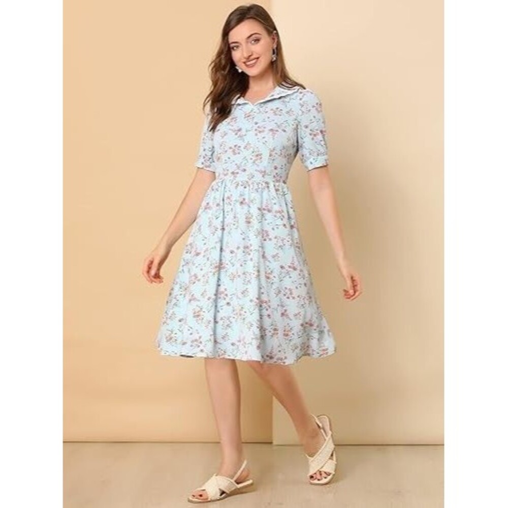 Allegra K Women's Sz M Peter Pan Collar Blue Flowy Midi Puff Sleeve Floral Dress